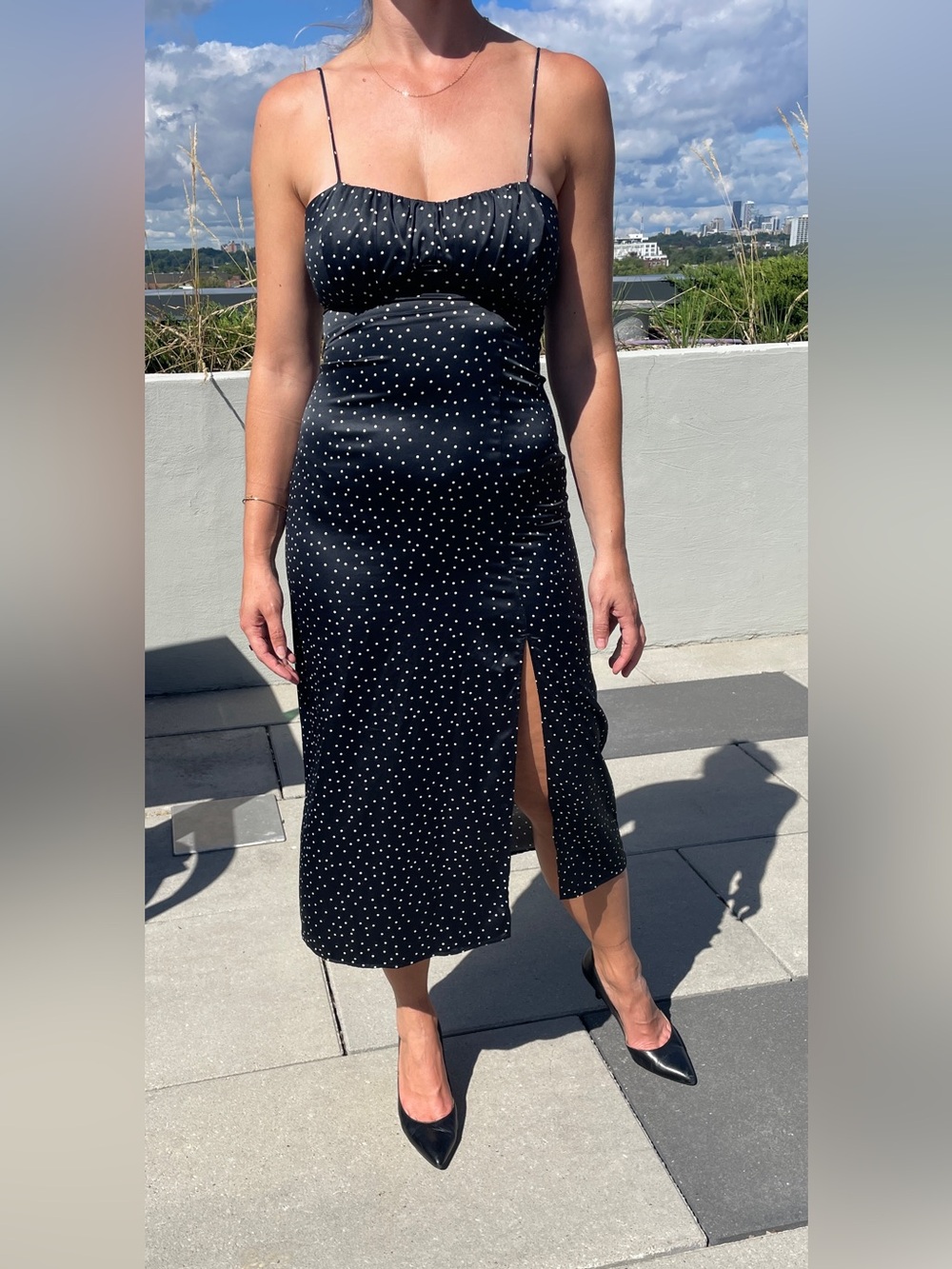 Zara Black Polka Dot Midi Corset Dress with a Slit